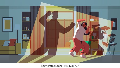 shadow of angry husband punching and hitting wife stop domestic violence and aggression against women living room interior horizontal full length vector illustration