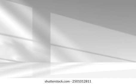 Shadow Background On Kitchen Wall With Room Light And Sunlight, Empty White Podium, Marble Counter And Desk For Product Display, Home Studio Interior With Minimal Open Space And Modern Scene