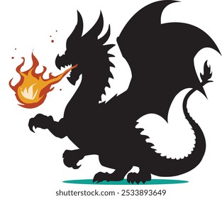 The shadow of a black dragon is breathing fire.