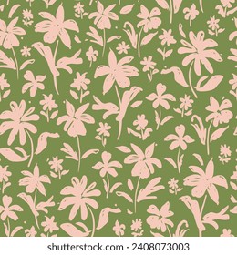 Shadow blooms with leaves seamless repeat pattern. Pink, botany flowers aop all over surface print on matcha green background.