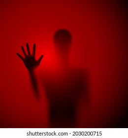 Shadow Blur of Horror Man Behind the Matte Glass. Blurry Hand, Body Figure Abstraction, and One Palms. The Reflection of the Silhouette Through the Light. Illustration on Red Background