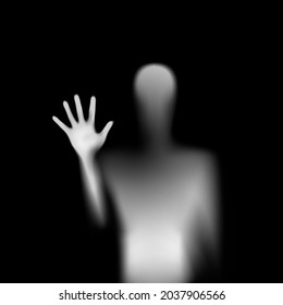 Shadow Blur of Horror Man Behind the Matte Glass. Blurry Hand, Body Figure Abstraction, and One Palms. The Reflection of the Silhouette Through the Light. Illustration on Black Background