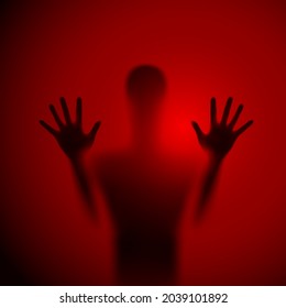 Shadow Blur of Horror Man Behind the Matte Glass. Blurry Hand, Body Figure Abstraction, and Two Palms. The Reflection of the Silhouette Through the Light. Illustration on Red Background