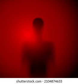 Shadow Blur of Horror Man with Behind the Matte Glass. The Reflection of the Silhouette Through the Light. Illustration on Red Background