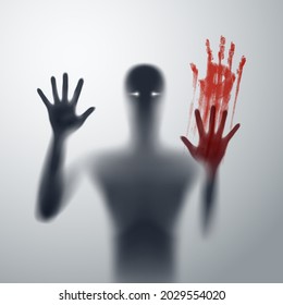 Shadow Blur of Horror Man with White Eyes Behind the Matte Glass. Blurry Hand, Body Figure Abstraction, and Blood Palm. Murder or Criminal Concept