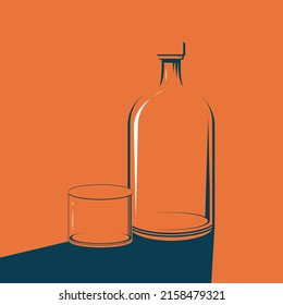 Shadow of bottle with glass on isolated background, Vector illustration.