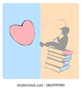 Shadow boy wearing baseball cap sit on pile of books, hold a fishing rod to catch-up heart symbol.