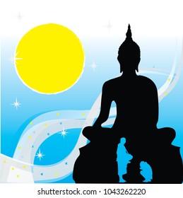 Shadow of the Buddha in the full moon. Inside, there is a shadow of the monks praising.