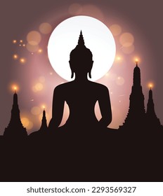Shadow Buddhism and temple on dark pink vector illustration background. Magha puja day, Vesak day banner, important Buddhist days Thailand culture