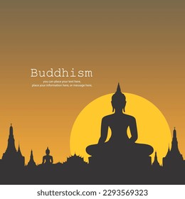 Shadow Buddhism and temple on sunset vector illustration background. Magha puja day, Vesak day banner, important Buddhist days Thailand culture