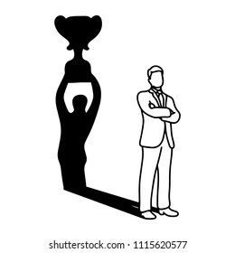 shadow of businessman holding big trophy over his head vector illustration sketch doodle hand drawn with black lines isolated on white background