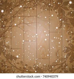 Shadow cast by branches and flowers on wooden background. Christmas vector illustration