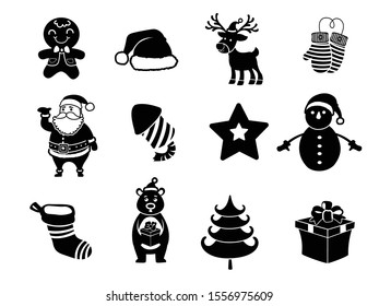 The shadow Collection of Christmas silhouettes icon. Celebration event for Merry Christmas and New Year. Vector clipart illustration isolated on white background