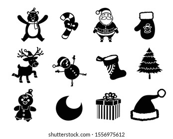 The shadow Collection of Christmas silhouettes icon. Celebration event for Merry Christmas and New Year. Vector clipart illustration isolated on white background