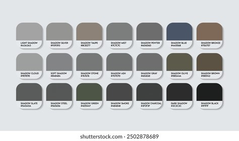 Shadow Color Palette, Shadow Gray Color Guide Palette with Color Names. Catalog Samples of Shadow colors with RGB HEX codes. cladding sheet Black colour, Fashion Trend dark Shadow Color shade Palette