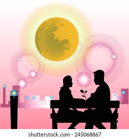 Shadow couple sit in the garden in pink background.