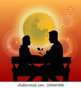 Shadow couples sitting in the park in a orange background.