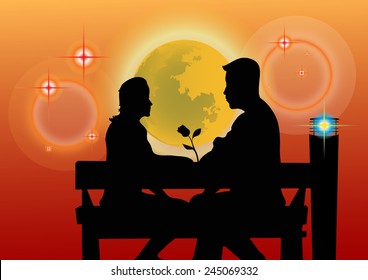 Shadow couples sitting in the park in a orange background.
