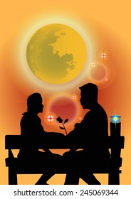 Shadow couples sitting in the park in a orange background.