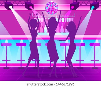 Shadow of dancing women near counter bar with cocktails, disco ball and light. Hen-party of females in night club in purple color, celebration vector