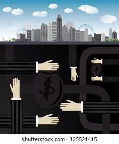 shadow economy illustration. Hand, giving money in bag to other hand, under city