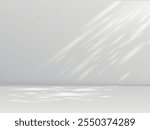 Shadow effect on white wall in room. Sunbeams reflection. Blurred soft shadow from the window and leaves from outside. Sun rays shade of natural lighting. Vector abstract background