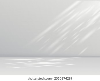 Shadow effect on white wall in room. Sunbeams reflection. Blurred soft shadow from the window and leaves from outside. Sun rays shade of natural lighting. Vector abstract background