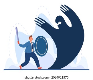 Shadow as ego or fear of happy businessman with sword and shield. Symbol of fighting against anxiety or phobia flat vector illustration. Emotions, inner conflict concept for banner or landing web page