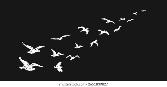 Shadow of flock of birds flying high in the sky drawn with wax pencil or pastel. Silhouette of birds flying away. Vector illustration of simple dove. Graphic element written with white charcoal pen.