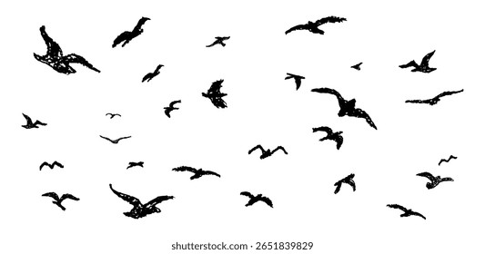 Sombra de bando de pássaros voando alto no céu desenhado com lápis de cera ou pastel. Silhueta de pássaros voando. Ilustração vetorial de pássaro simples. Elemento gráfico gravado com caneta de carvão preto.
