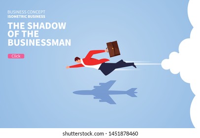 The shadow of a flying businessman turns into an airplane