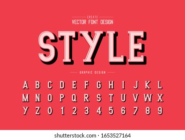 Fuente de sombra y vector de alfabeto, letra de tipo de estilo de escritura y diseño de número, texto gráfico en fondo rojo