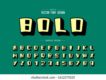 Shadow font and cartoon alphabet vector, Yellow bold typeface and number design, Graphic text on green background