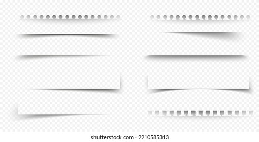 Shadow frames of paper sheet, notebook and notepad pages. Corner and line shadow effects of cards and paper sheets with torn edges, vector realistic set isolated on transparent background