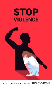 shadow of furious angry man raised punishment fist over scared or terrified woman stop family violence and aggression concept vertical vector illustration