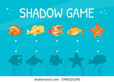 Shadow Game Card with Cute Marine Animal and Comic Underwater Creatures Vector Template