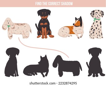 Shadow game for children with cute dogs in cartoon style