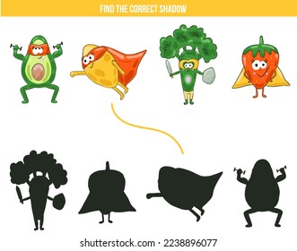 Shadow game for children with funny fruits and vegetables super hero