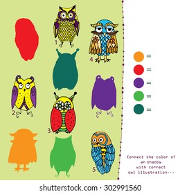 Shadow game - connect the color with appropriate owl illustration