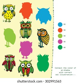 Shadow game - connect the color with appropriate owl illustration