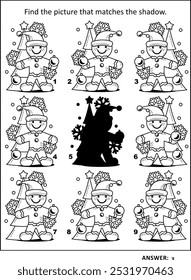 Jogo de sombra com bonito gengibre homem decorando árvore de Natal: Encontre a imagem que combina com a sombra. Resposta incluída.
