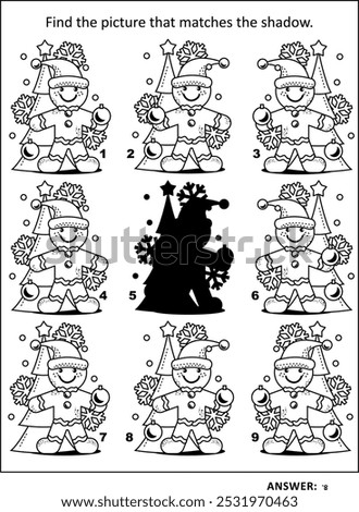 Shadow game with cute gingerbread man decorating christmas tree: Find the picture that matches the shadow. Answer included.
