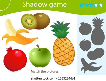 Shadow Game for kids. Match the right shadow. Color image of fruits. Banana, garnet, apple, pineapple, kiwi. Worksheet vector design for children and for preschoolers.
