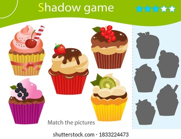 Schattenspiel für Kinder. Entspricht dem richtigen Schatten. Farbbild von Feiertagskuchen oder Muffins. Konditorei und Bäckerei. Arbeitsblatt-Vektordesign für Kinder und Vorschulen.