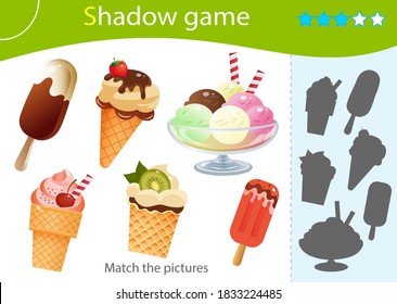 Shadow Game for kids. Match the right shadow. Color images of ice cream. Plombir and fruit ice. Ice cream in a waffle Cup and eskimo. Worksheet vector design for children and for preschoolers.