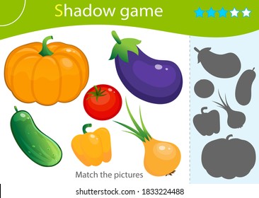 Shadow Game for kids. Match the right shadow. Color image of vegetables. Pumpkin, pepper, tomato, cucumber, onion, eggplant. Worksheet vector design for children and for preschoolers.