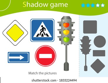 Shadow Game for kids. Match the right shadow. Color image of traffic signal and road signs. Worksheet vector design for children and for preschoolers.