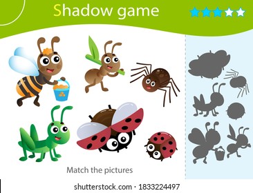 Shadow Game for kids. Match the right shadow. Color images of cartoon insects. Worker ant, grasshopper, spider, ladybug and bee. Worksheet vector design for children and for preschoolers.