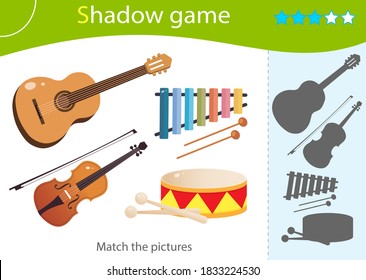 Shadow Game for kids. Match the right shadow. Color images of musical instruments. Guitar, violin, drum and xylophone. Worksheet vector design for children and for preschoolers.