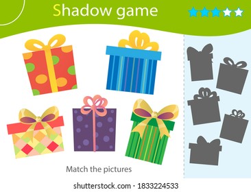 Shadow Game for kids. Match the right shadow. Color image of holiday boxes, souvenirs and gifts. Worksheet vector design for children and for preschoolers.